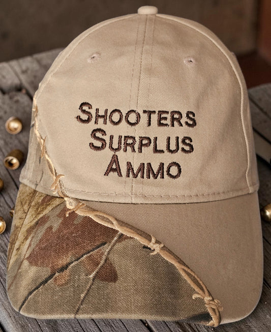 Vintage "Shooters Surplus Ammo" Cap – Camo & Barbed Wire Look – Y2K Trucker Style