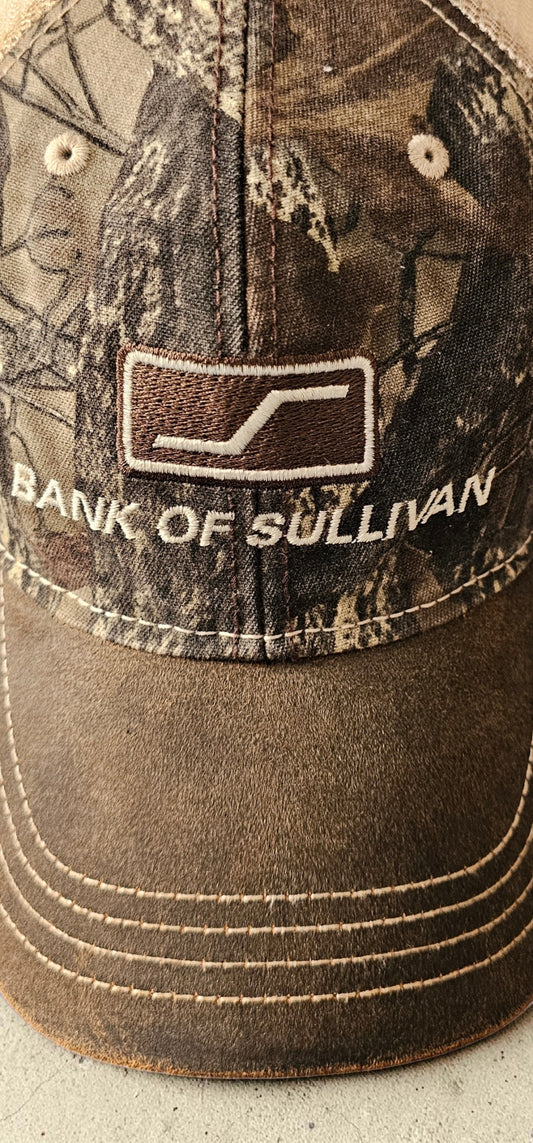 Vintage Bank of Sullivan Trucker Cap – Camo & Distressed Brown – Paramount Apparel