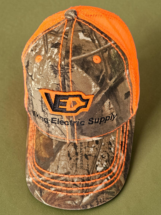 Vintage Y2K Gorpcore Trucker Cap – Realtree Camo & Neon Orange – One Size