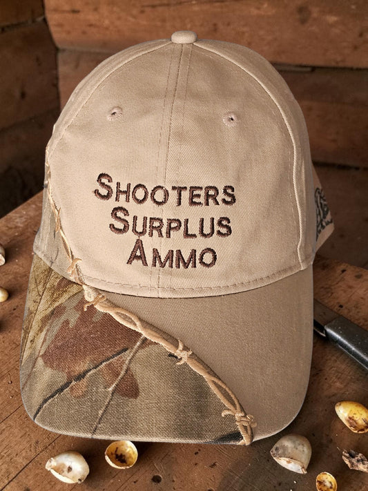 Vintage "Shooters Surplus Ammo" Cap – Camo & Barbed Wire Look – Y2K Trucker Style