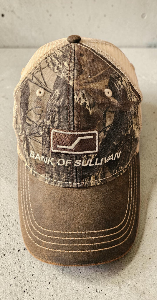 Vintage Bank of Sullivan Trucker Cap – Camo & Distressed Brown – Paramount Apparel
